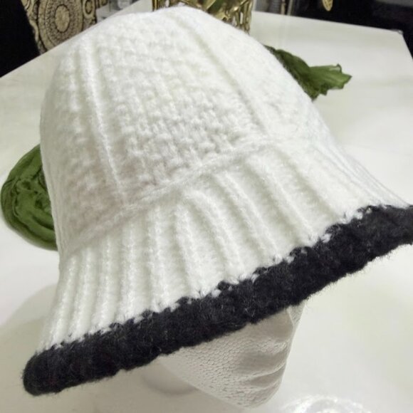 White Knit Cloche Bucket Hat With Black Trim – Winter Hat - Picture 3 of 8